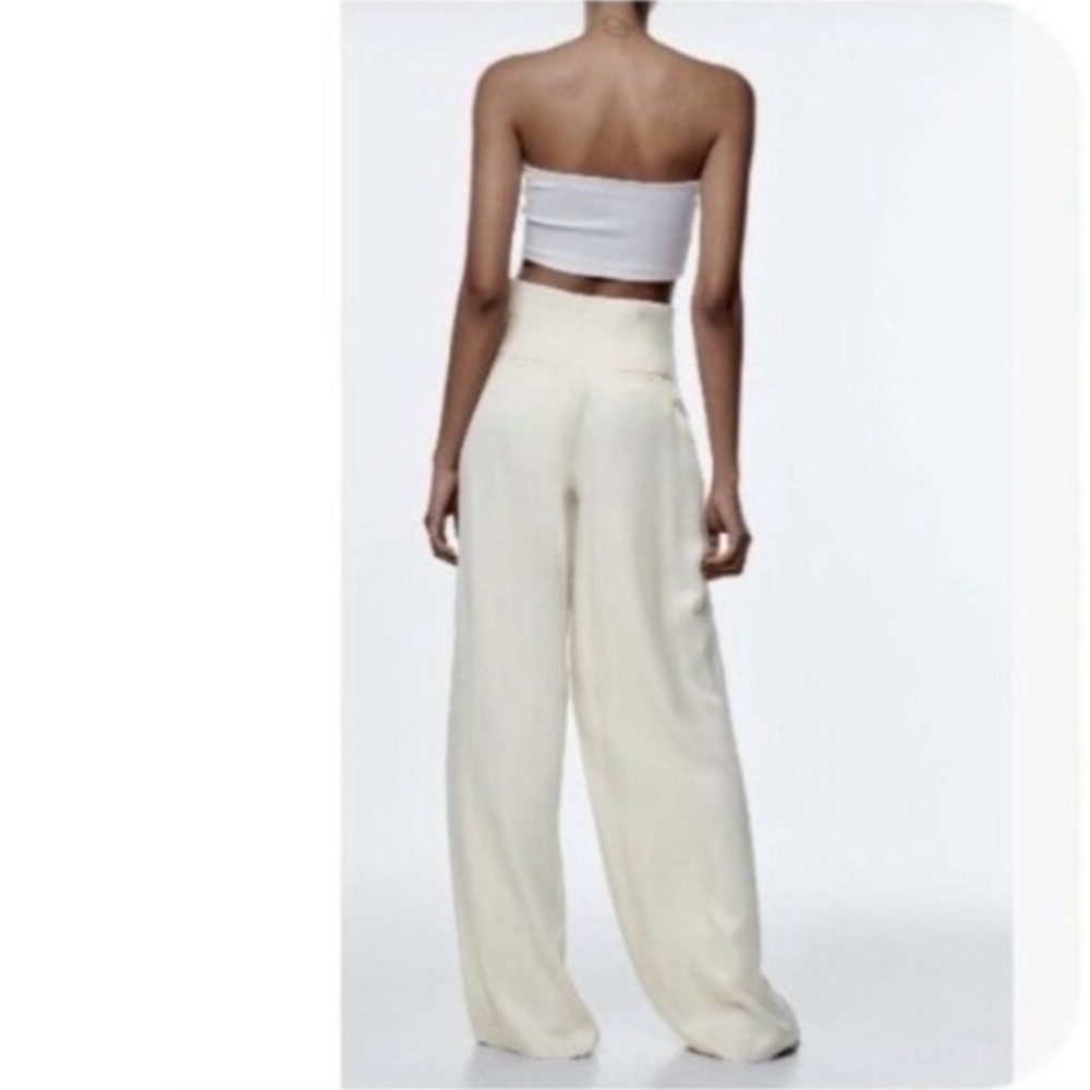 Zara Cream Silky Ivory Wide-Leg High Waist Dress Trouser Pants NWOT M $69